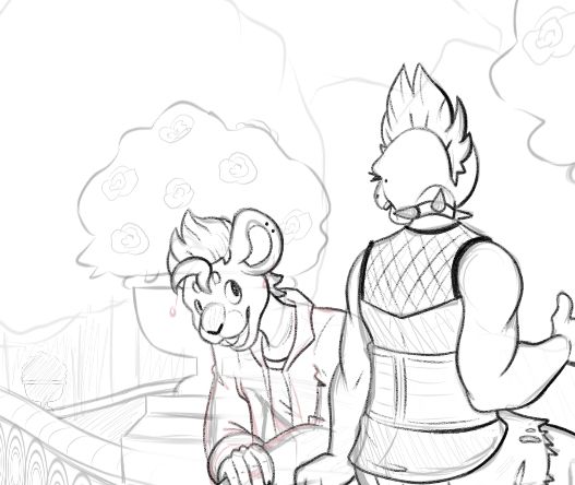 A black and white digital sketch of two furries on a bridge. Tea, a rat, is leaning on is arms on the side of the bridge, smiling and talking to the other character. Tea is wearing an open flannel, shirt, a variety of earrings and sports a fluffy mohawk. The other character, Shortcake, is a pacman frog. She sits on the bridge rail with he back facing the camera, her right hand is lifted and she is talking with Tea. Shortcake wears a complicated punk outfit, including; a fishnet top, a tanktop, and a corset over it, as well as ripped jeans and a spiked choker. She also sports a mohawk, though sharper than Tea's. There is a flower pot of roses directly behind Tea that is mounted to the railing of the bridge. In the background there are trees.