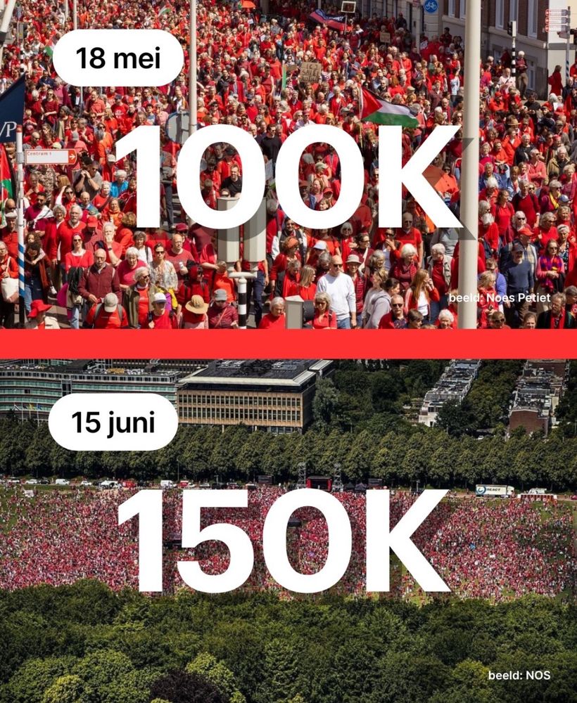 Twee keer een foto van de demonstratie van de rode lijn, de eerste keer met 100.000 mensen en de tweede keer met 150.000 mensen.