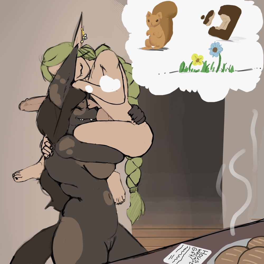 A dog girl carrying her elf partner.
She’s holding his crotch up to her face, and daydreaming about his scent. (Squirrels, timber, meadow grass)

A note is on the table with some homemade bread, as a housewarming gift.