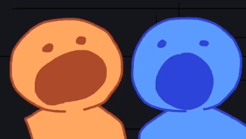 two cartoon characters one orange and one blue with their mouths wide open