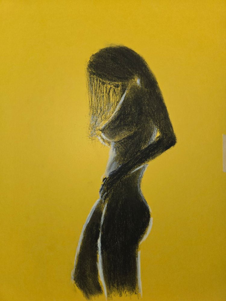 Charcoal and white chalk drawing on yellow paper of the silhouette of a naked woman looking down and hair draped mostly in front of her