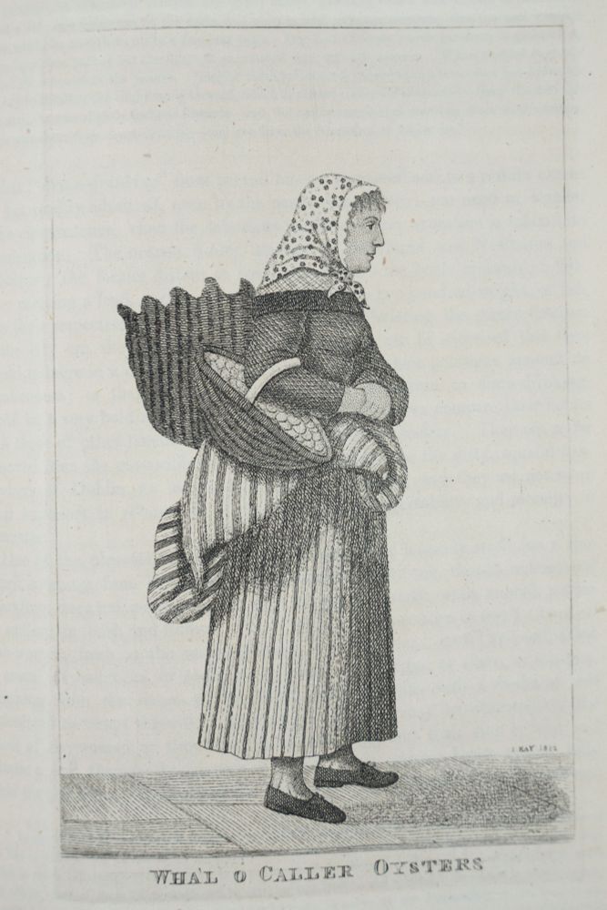 Black and white illustration of a woman carrying a wicker bag on her back and another on her arm. She is wearing a headscarf and long striped skirt.