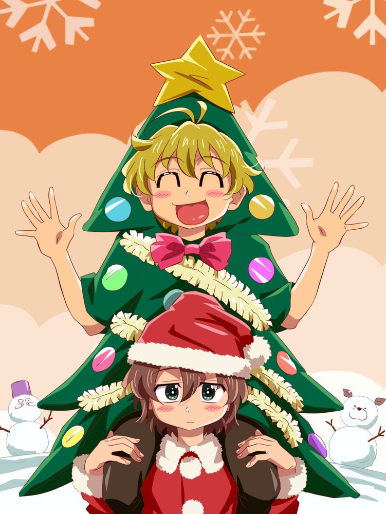 クリスマス・ツリーのコスプレをする友と、それを肩車で担ぐサンタ服のしのぶ。
背景には、ヘーとベーの雪だるま。