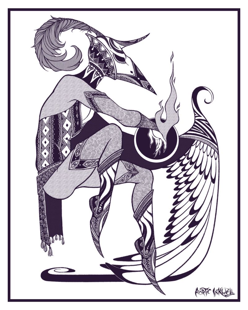A masked person floats in midair as they appear to be casting a spell. Their left arm is a wing draped onto the ground. Their attire is extensively detailed.