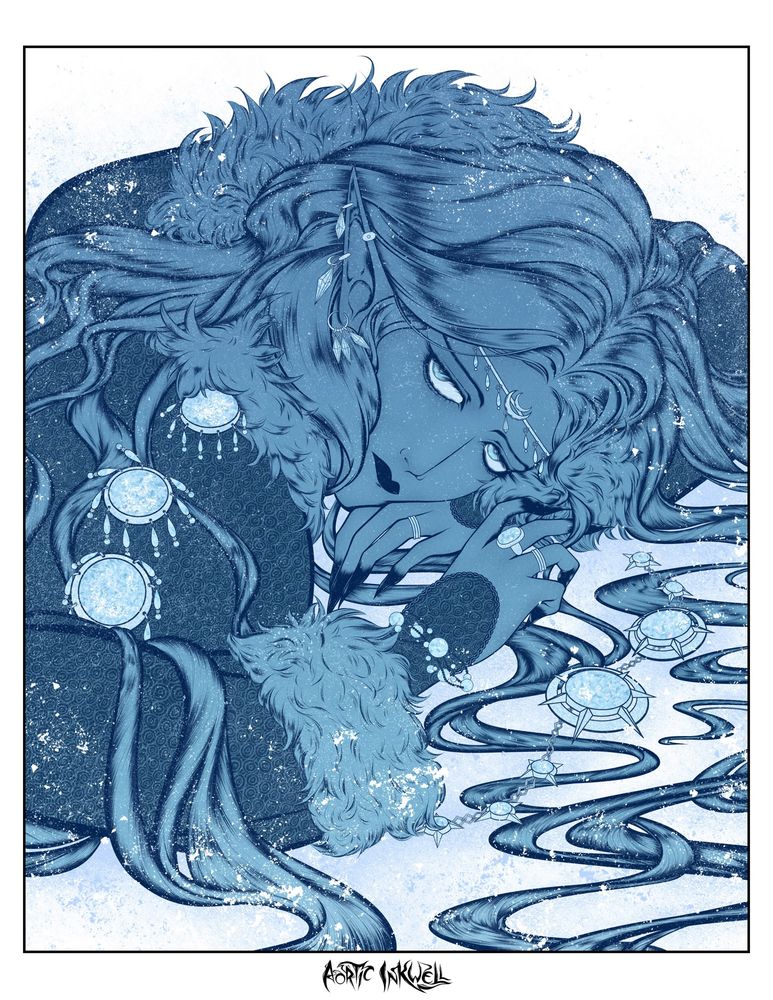 Illustration of an elf dressed in furs, sprawled atop a snowy ground with their hair splayed across it. They look to the viewer with sadness and apathy. 