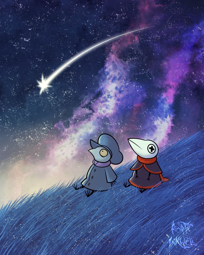 Two bird boys are sitting on a grassy field under a starry sky as a shooting star passes above them. The color palette is a cool blue and violet with hints of yellow.
