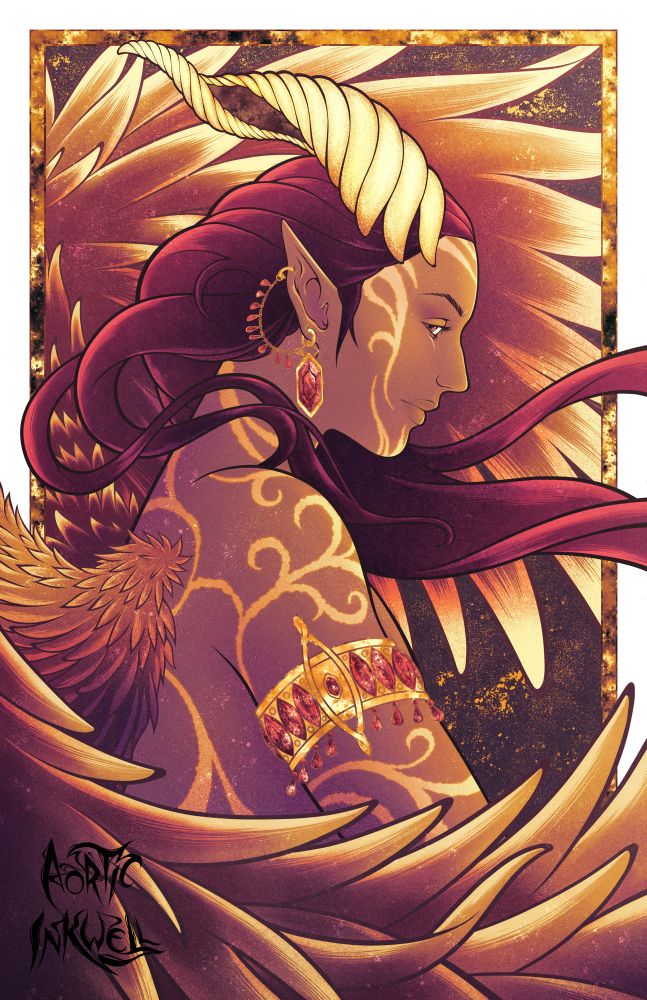 Illustration of a winged man in profile looking towards the viewer with golden horns and a fiery color palette. 