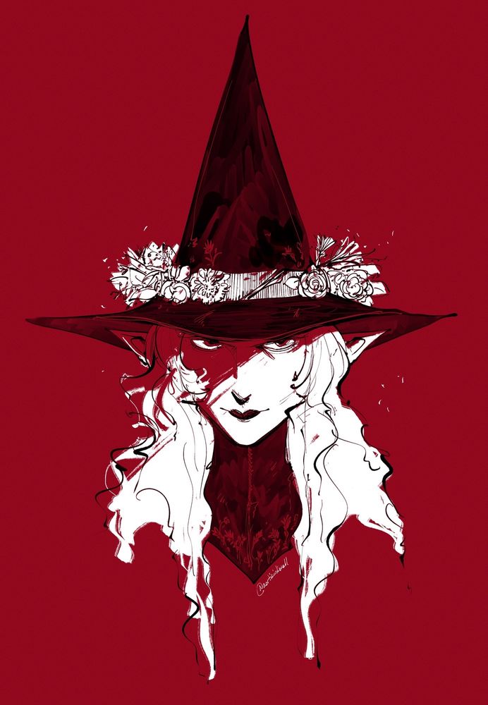 Portrait sketch of a long haired elven witch in a limited color palette of red, black and white.