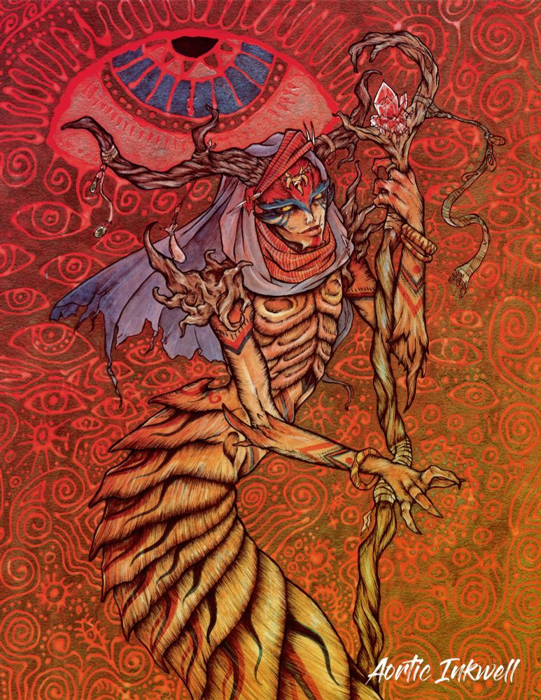Illustration of a worm-humanoid being with tree-like growths emerging from her shoulders and head. She wields a wooden staff with various decorations. The background is littered with eye patterns. 