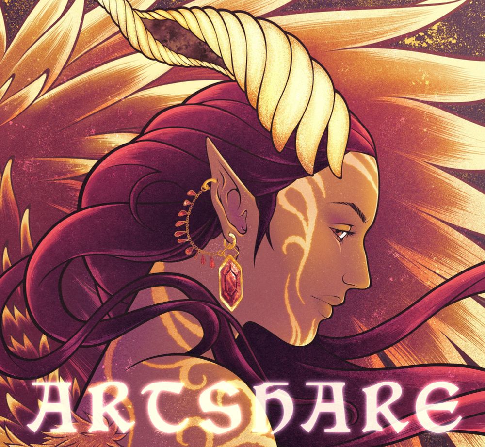 Image of a horned demon with fanciful jewelry and wings in the background with text overlaid which reads “artshare”. 