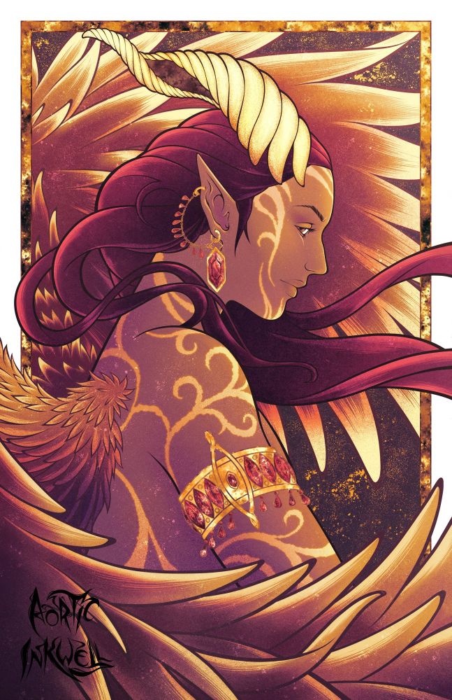 Illustration of a humanoid figure in profile with golden horns and fiery wings, glancing to the side at the viewer. They are adorned in golden jewelry as well as golden swirls across their skin. Their hair is curled around them in an art nouveau style with their wings framing them. The color palette is warm with red and yellow tones. 