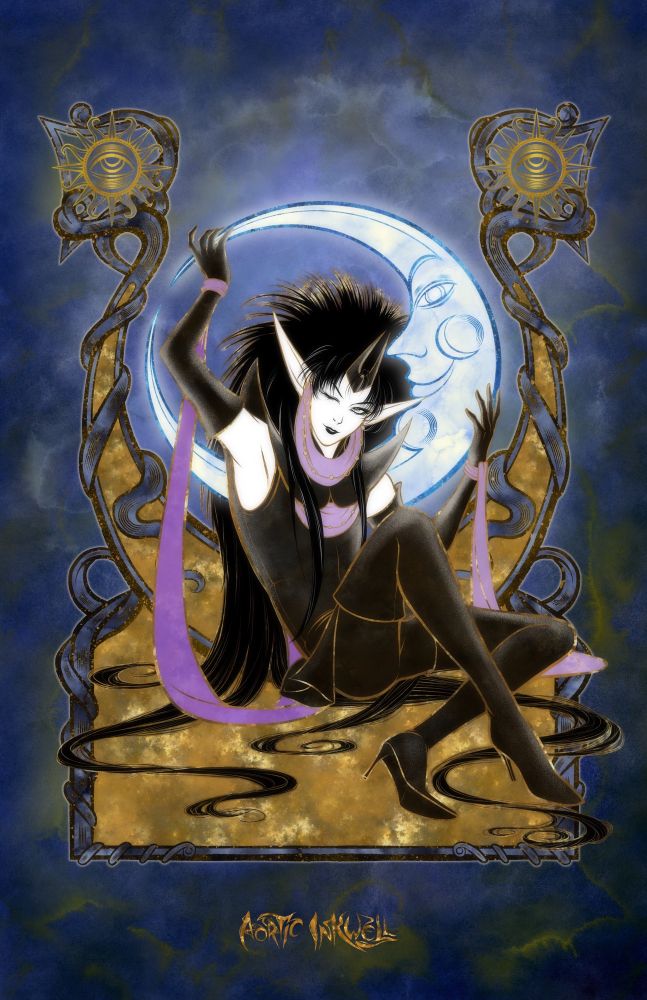 Image of an androgynous elf with fluffy, long black hair sitting down with one knee brought up and the other crossed under. They are holding up a crescent moon and winking at the viewer. 
