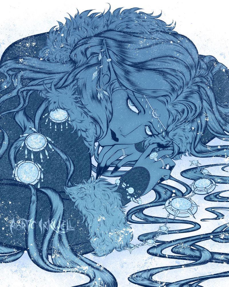 An elf figure is lying down on their stomach in the snow with their head facing the viewer. The look on their face is one of sadness. Their hair is strewn about the illustration as are various decorations. Primary color palette is blue and white.