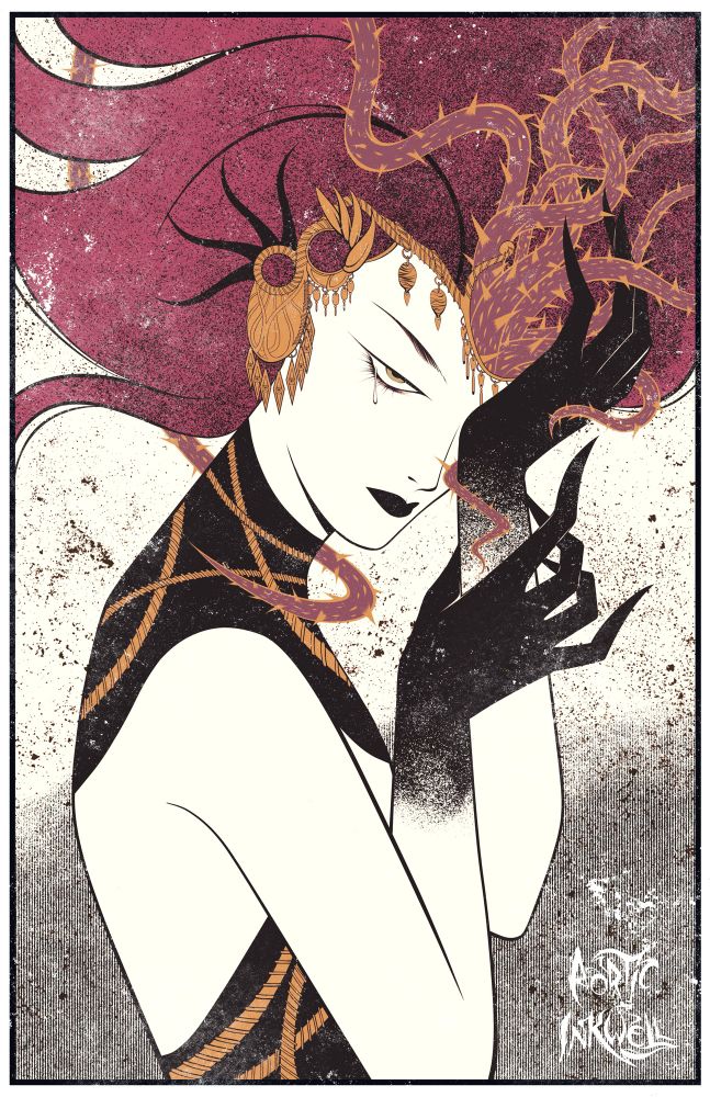 Profile portrait of a being in extreme mental anguish as literal vines with thorns emerge from their head to illustrate the migraine. 
