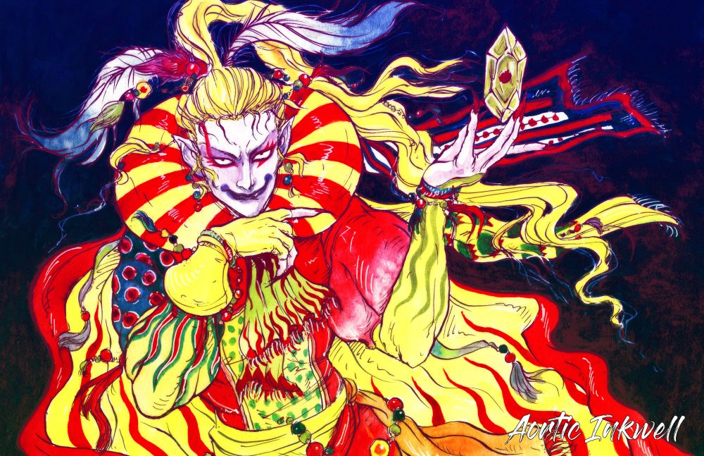 Image of Kefka Palazzo from the video game “Final Fantasy VI” holding up a shard of magicite and looking to the viewer menacingly. 