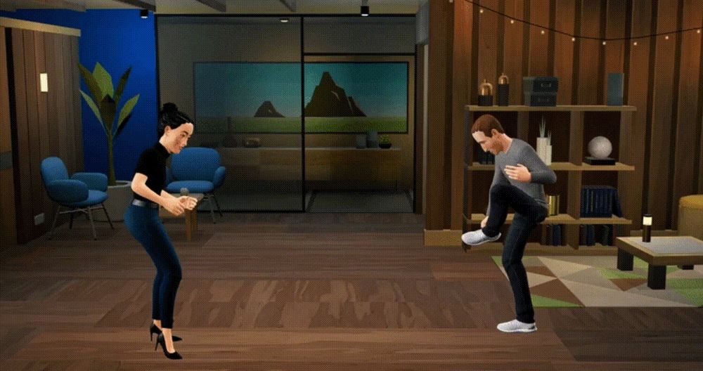 A GIF of video fabricated by Meta depicting Mark Zuckerberg’s metaverse avatar jumping and flexing its legs. The avatar of a pale, dark-haired woman is kicking the air opposite Zuckerberg. They are in some kind of wood-paneled lounge.