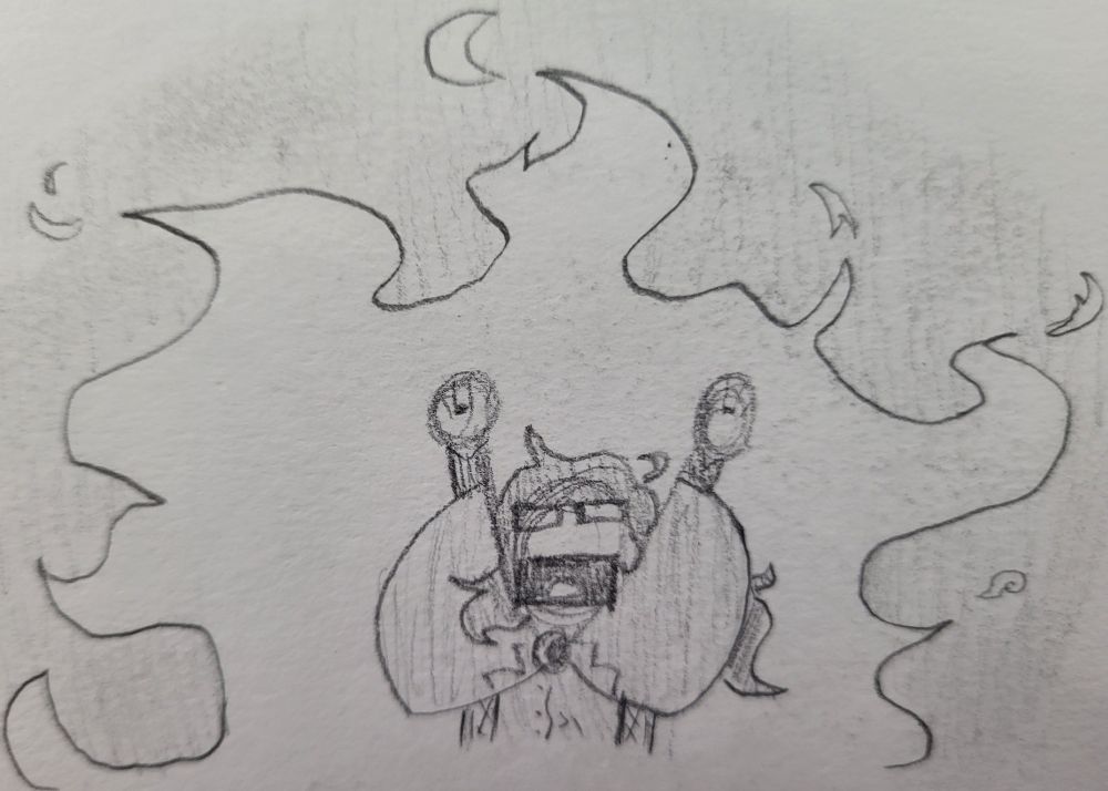 Pencil doodle of Remi performing the Fire Elmo meme. They are unstoppable.