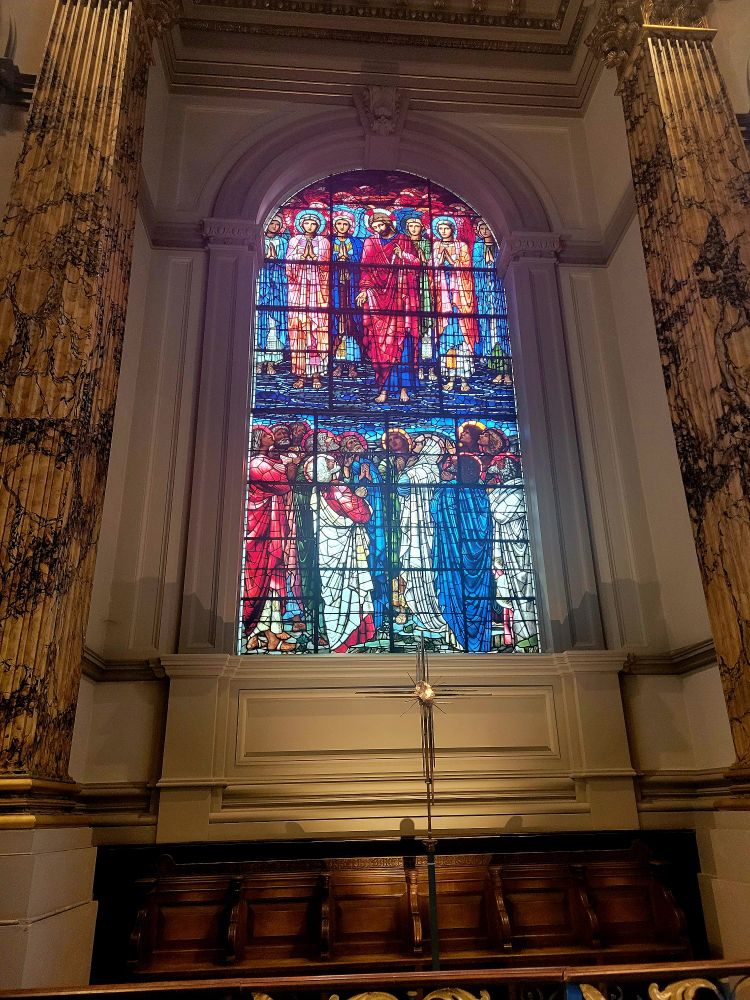 A photograph of the stained glass window in Birmingham Cathedral. The window shows the acesnsion of Christ. By Edward Burne-Jones & William Morris' studio. If you look closely, you can see Morris patterns in the glass panels.