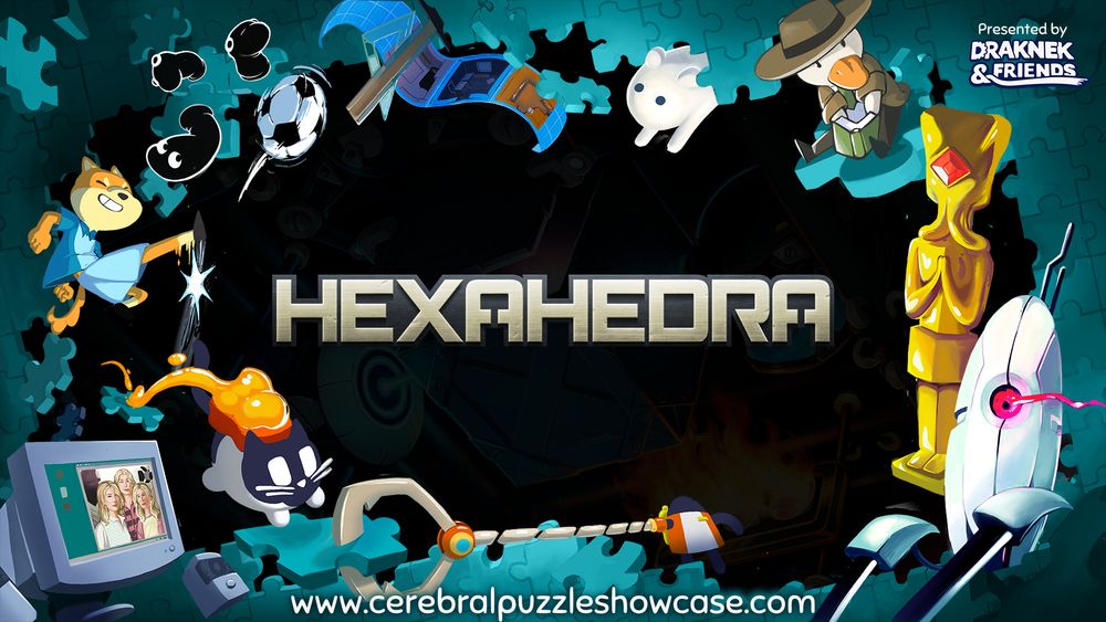 Image showing that Hexahedra is part of the 2025 Cerebral Puzzle Showcase. The Hexahedra logo is in the centre, around the edges are characters and imagery from a variety of puzzle games.