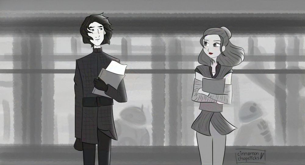 Reylo Paperman Man style AU art. Rey looking at Kylo on a train platform 