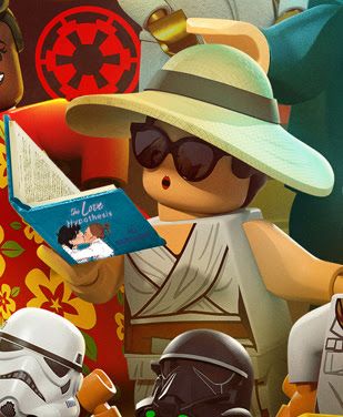 LEGO Rey in a sun hat reading The Love Hypothesis 