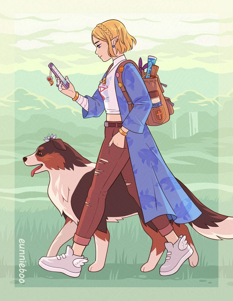 illustration of short-haired zelda from breath of the wild. she's in profile, mid-stride, gazing at her phone. her backpack is full of various game items, including a wind waker chart, twilight princess scroll, and bottle of lon lon milk. her outfit consists of a crop top, long cardigan, pants, and modern pegasus boots, along with various easter eggs from other zelda games. a dog trots beside her, along the grassy path. the scenery is green, with mountains and hills in the distance.