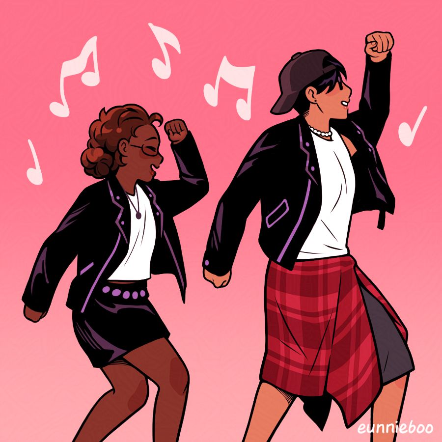 momo and pg march to the beat of the song, knees bent and arms swinging. momo laughs and pg grins. several music notes are doodled around them. other details on their accessories include momo’s small coin necklace and pg’s pearl necklace - pg also has a red plaid flannel tied around her hips.