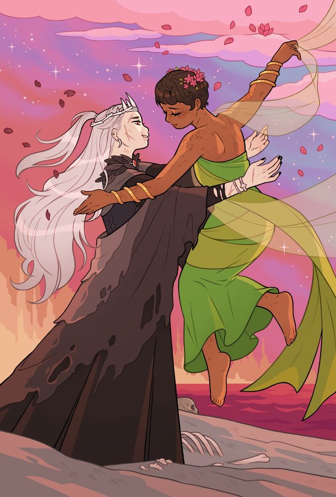 hades welcomes persephone into the underworld with a gentle embrace. persephone wears a green dress, freckles scattered across her tan skin. a half wreath of flowers rests in her short, brown hair. hades, dressed in black and grey robes, looks up at her lovingly. various scars criss-cross her face, and a crown of bones circles her head of long, silver hair. the jewel at her neck is the same shade of red as her eyes.