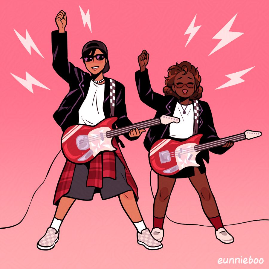 momo and pg from If You’ll Have Me, eunnie’s sapphic graphic novel. the girls are drawn as if they’re in the music video for APT. by rosé and bruno mars. they sport black leather jackets and white tops. pg has sunglasses and a hat worn backwards. momo wears a black leather skirt, and her curly hair is rolled into two loose buns. the girls strike a pose with their right hands up in the air, in the middle of strumming their matching red guitars. the background is a pink gradient.