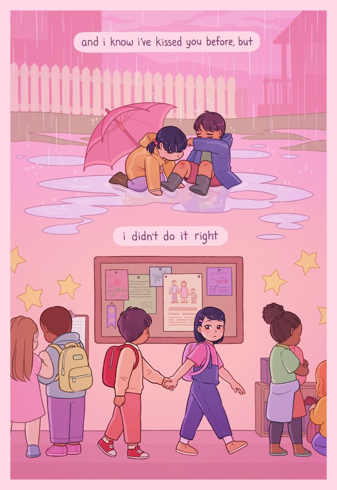 lyric comic to pink in the night, by mitski. page 1 text: and i know i've kissed you before, but i didn't do it right. scene 1: a little boy and girl are sitting in the rain. the boy wipes away tears, having tripped and scratched a knee. the girl leans forward to kiss the small wound. scene 2: the two friends are in elementary school, holding hands. the boy looks at a picture depicting a mom, dad, and child.