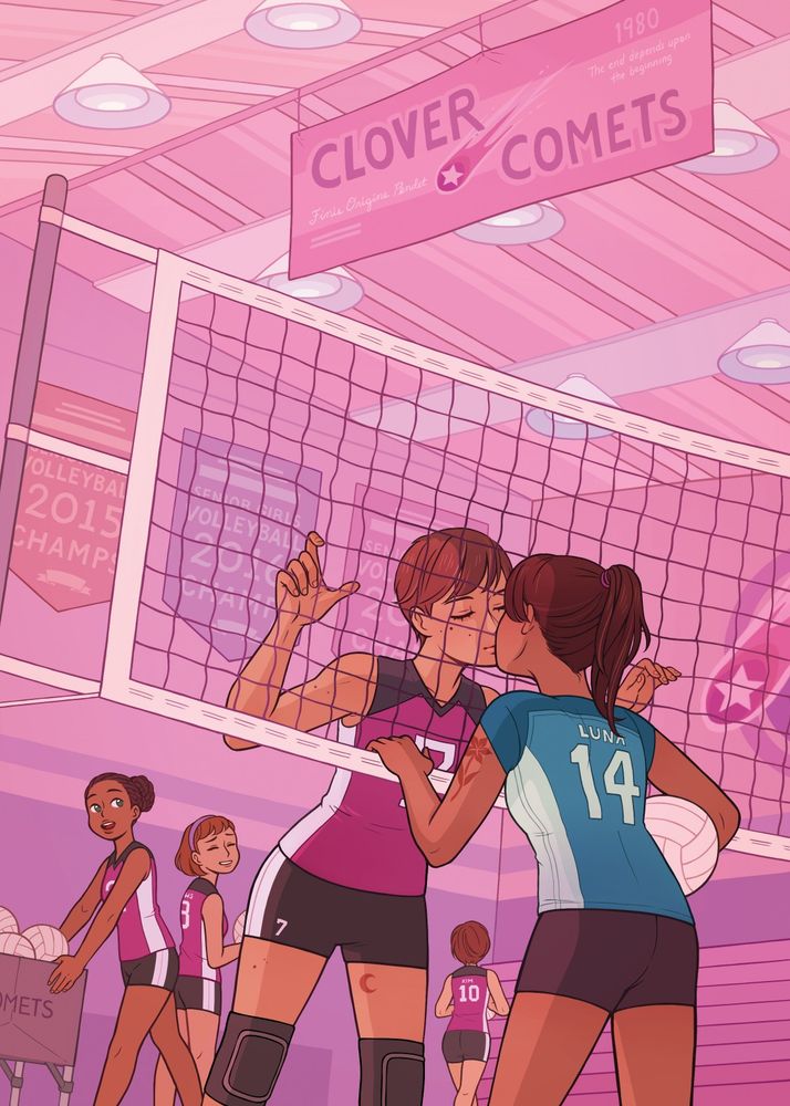 school gymnasium. two girls on opposite teams kiss through the net before a volleyball match. one girl has her hair in a ponytail, volleyball held at her side. her jersey reads "luna 14," and she has a flower tattoo on her arm. the second girl has short hair and a small crescent moon moon tattooed on her inner thigh. her jersey number is 7. her teammates  pass by in the background, reacting to their interaction with a mix of fond mischief.