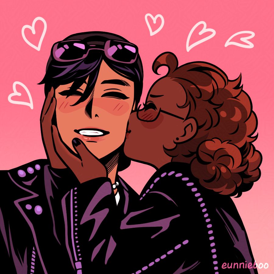 another close-up of the cute couple. momo determinedly cups the side of pg’s face with her hands, pulling her in to plant a kiss on her cheek. pg has her sunglasses pushed up on her head, looking pleased and happy at the show of affection. they’re surrounded by doodles of hearts.