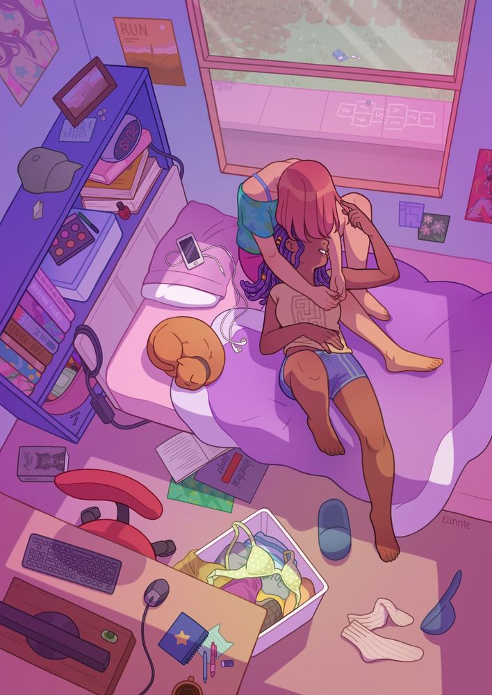 an angled, top down view of two girls on a bed. the girl with purple locs has her head in the other's lap, laughing and stroking a piece of her girlfriend's pink hair. the room is bathed in a sunset glow, light falling through the open window. posters adorn the walls, and books, clothes, and makeup are scattered across the desk, shelf, and floor. a cat sleeps curled up beside the girls. outside, there's an abandoned hopscotch game on the sidewalk.