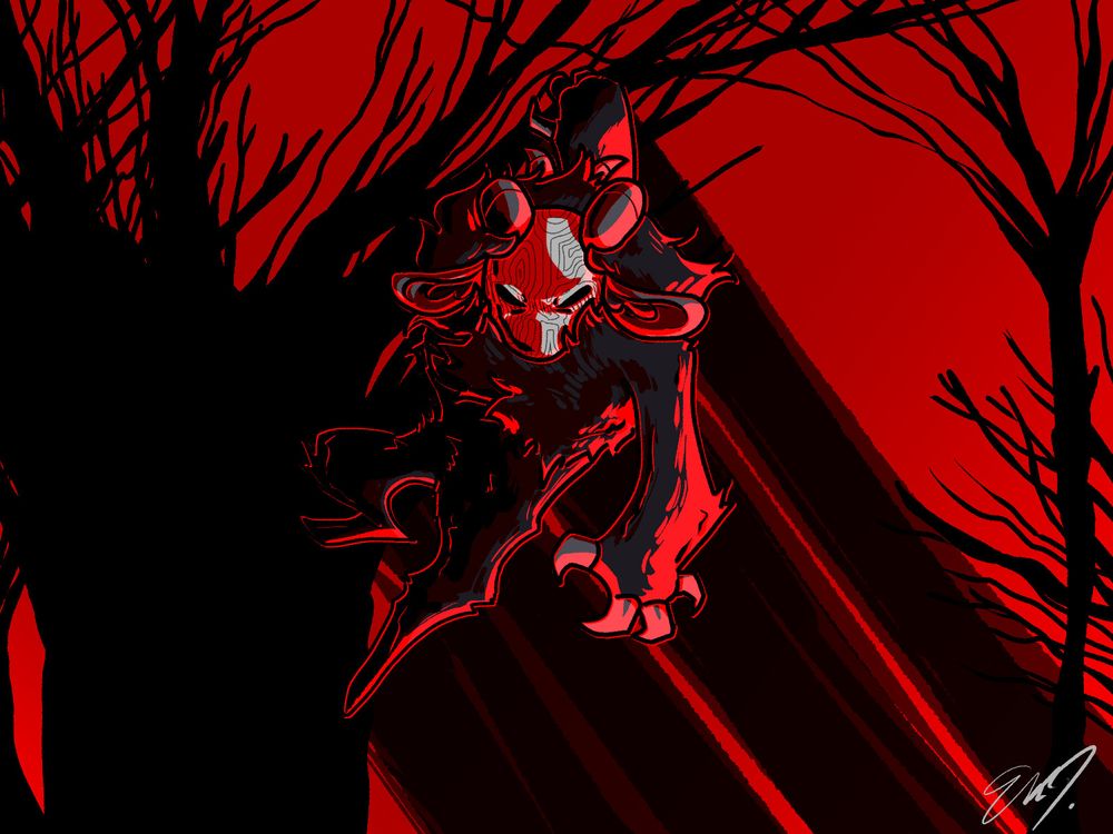 in harsh tones of black and red lighting, a creature named Nocturne hangs in the trees while glaring furiously at the viewer, the light cast across dark fur, horns, goatlike ears, big unforgiving claws, and a white mask-like face.