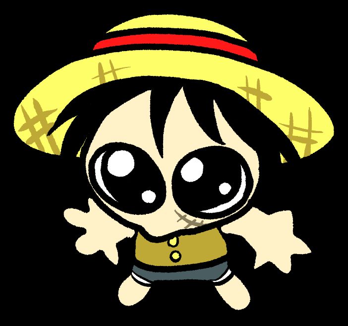 Digital drawing of Straw Hat Luffy traced over an emoji looking up with big glossy earnest eyes