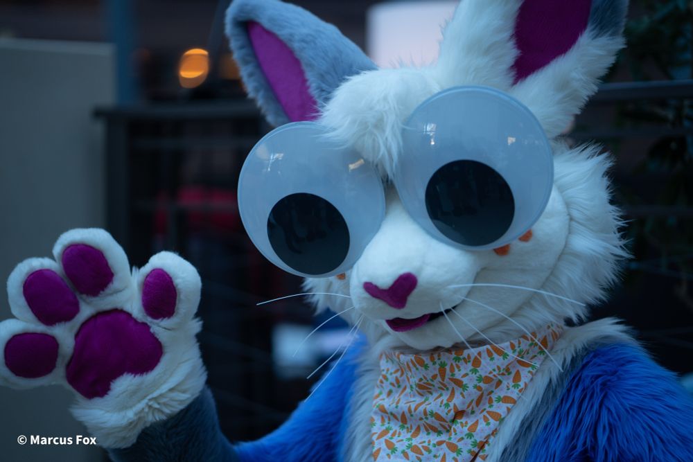 Lea fursuit with huge googly eyes waving at the camera