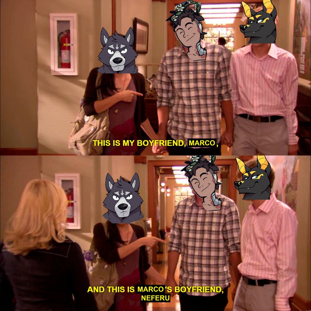 Two panels of a sitcom with three cartoon characters photoshopped in. Left there is a gray wolf, in the middle a human with brown hair, and right a jackal with black fur and golden details.

First panel has a text as if the wolf is speaking while smiling: "This is my boyfriend, Marco." The wolf is pointing at the human.

Second panel has another text but this time the wolf isn't smiling and this time is pointing at the jackal: "And this is Marco's boyfriend, Neferu."