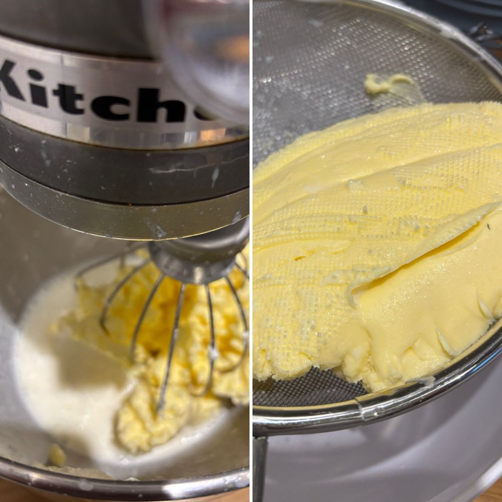 A kitchen aid mixer with double cream being mixed into butter. And on the right the butter all ready!