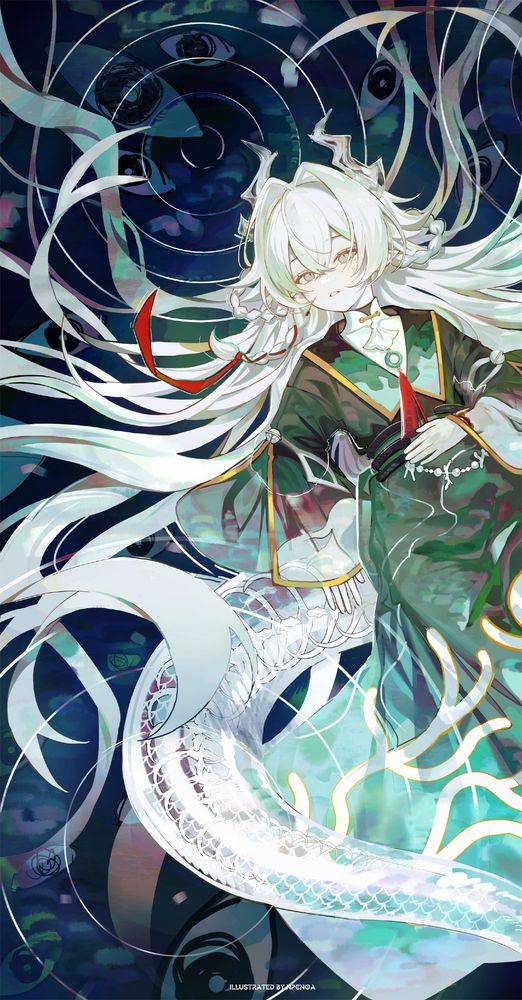 Illustration of my original character in a different outfit/form lying down on a pool of water with a few ripples and eyes underneath.
