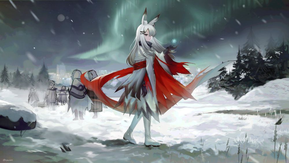 Frostnova from Arknights in a snowy landscape with her comrades, there are trails of aurora in the night sky. 

Have a nice day :) 