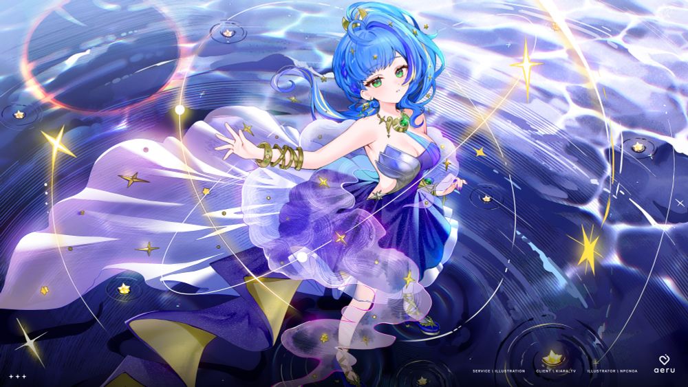 Commission for Kiara_TV! It's a full body illustration of their character standing in a pool of water, reflecting the dark sky with a solar eclipse