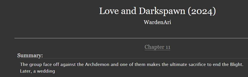 Image is a copy from AO3. Gives the following Summary: The group face off against the Archdemon and one of them makes the ultimate sacrifice to end the Blight. Later, a Wedding.
