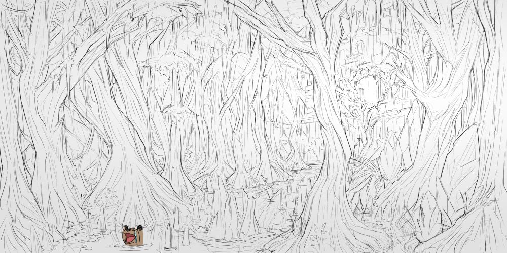 Sketch of a dense bog with a looming castle with a crater showing the shadow of a dragon. Crystals also grow out of the ground and trees. A small dog character appears to be drowning.