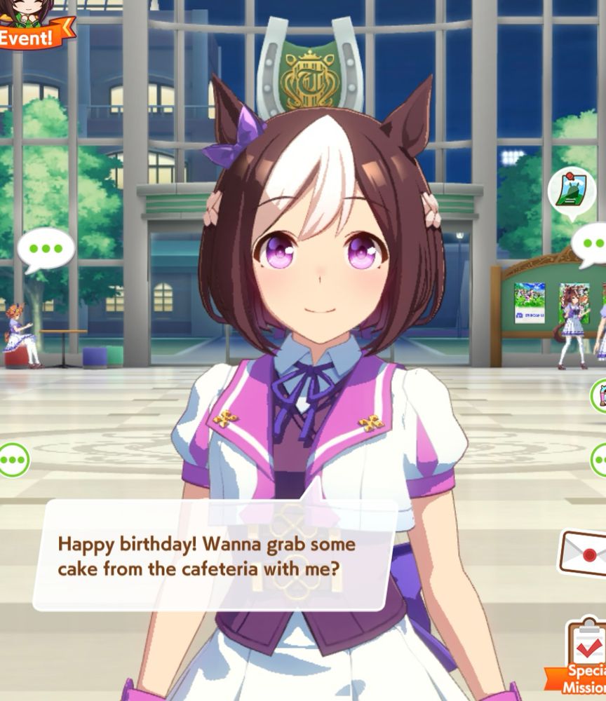 A screenshot of the game Uma Musume featuring the character Special Week, a girl with short brown hair with white bangs and horse ears and saying, “Happy birthday! Wanna grab some cake from the cafeteria with me?”