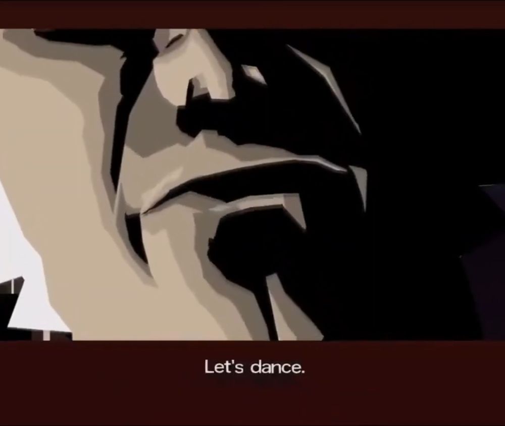Elderly assassin Harman Smith, a white male with white hair who happens to be the head of the international assassin unit Killer 7 (from the game of the same name), depicted in a tight close up on his lower face, replying: "let's dance."