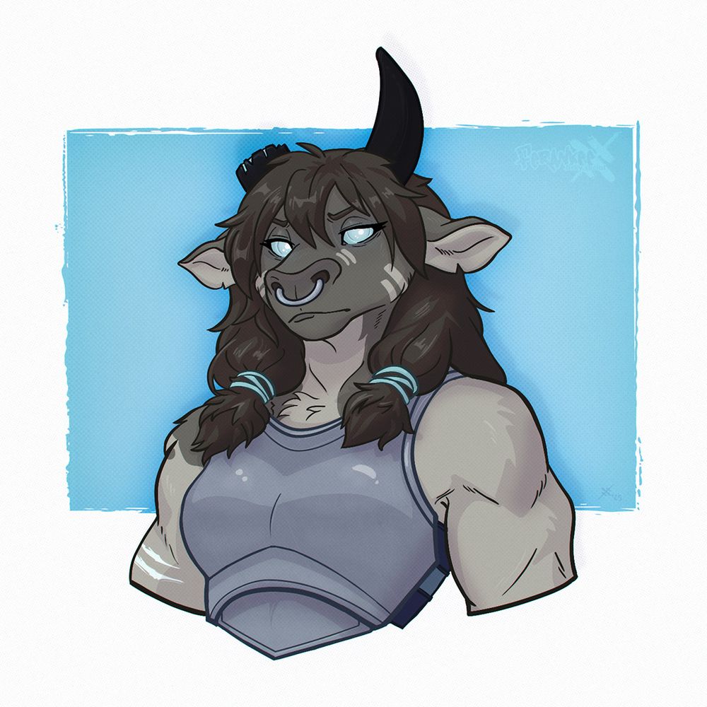A bust portrait of a tauren with a muscular build and neutral expression. 

Her fur is a muted beige-gray tone, with darker brown hair. styled into two queues that hang over her shoulders, each one tied with a blue hair band. She has a large, flat bovine nose with a silver-colored nose ring. Her eyes are light blue and have a faint glow. She has a single visible black horn curving upward from the left side of her head. Her Right horn is broken at the base and glows faintly from the point of fracture.

She's wearing a metal breastplate that leaves her shoulders and arms exposed, showing defined musculature.

The background is a solid blue square with a slightly textured appearance and rough edges, framed in white.