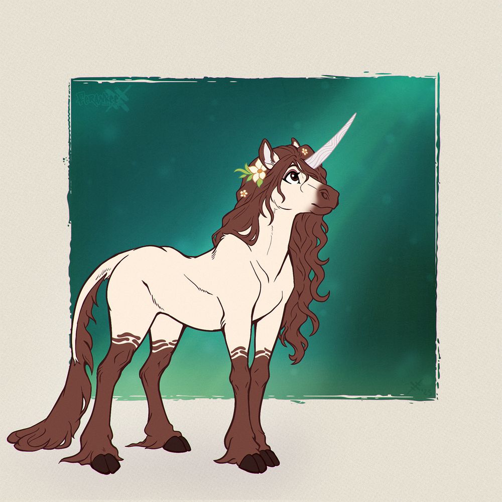 A drawing of a unicorn with a gentle and elegant appearance. The unicorn has a creamy beige coat and dark brown lower legs, tail, and muzzle. She has a long wavy mane and tail of the same brown color; The mane is adorned with yellow and white flowers along with green leaves.

The unicorn’s horn is textured. Her ears are alert, and her expression is calm and slightly curious as she looks upward to the left. 

The background is a soft teal gradient with subtle light rays. The image is framed with a rough border.