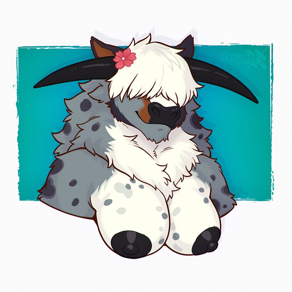 Bust portrait of a female Tauren with a grey and creamy white body. She has long, curved black horns and white hair that covers her eyes. Her fur is grey and creamy white with darker spots throughout. She is topless, with large breasts and prominent black areolae and nipples exposed.

The background is a rough-edged square in aqua and blue, bordered by a white frame.