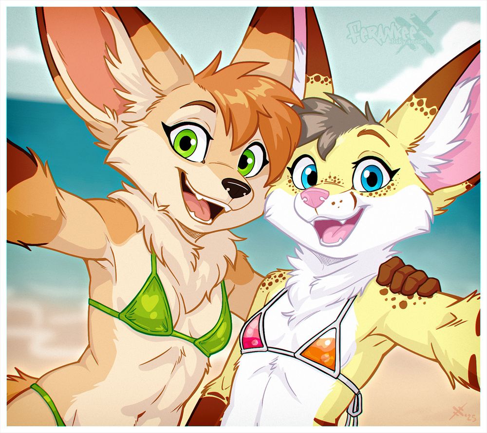 Two anthro fox girls are posing for a photo together at the beach, standing close to each other, both smiling with open mouths and looking directly at the viewer.

The one on the left has tan and cream-colored fur with reddish-brown hair. She has green eyes and large upright ears. She is wearing a green bikini, and her right arm is extended outward, while the other one rests on the right fox's shoulder. 

The one on the right has pale yellow fur with brown spots, white facial and chest/belly fur, and a tuft of pale brown hair. She has blue eyes and a pink noseand is  wearing a white bikini top with orange and pink gradient colors on the cups. Her left arm is also extended outward. 

The background is beach scene with sand, the ocean, and a blue sky with a few clouds on the upper right side of the image. The image is slightly tilted in a dutch angle.