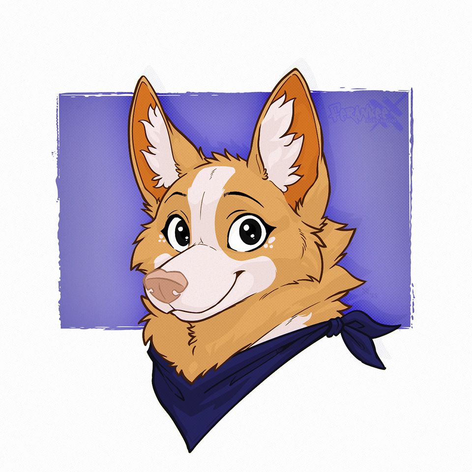 A bust portrait of a dog character with a light brown and cream-colored fur pattern. She has large upright ears and wears a dark blue badana on her neck. Background is a purple rectangle with rough edges and halftone texture.